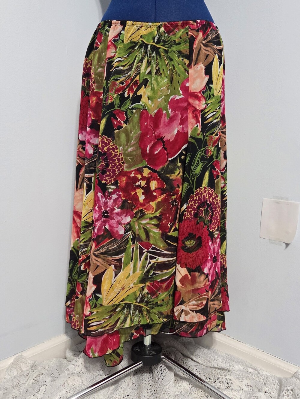 Tropical Floral Asymmetrical Chiffon Midi Skirt Size 2
